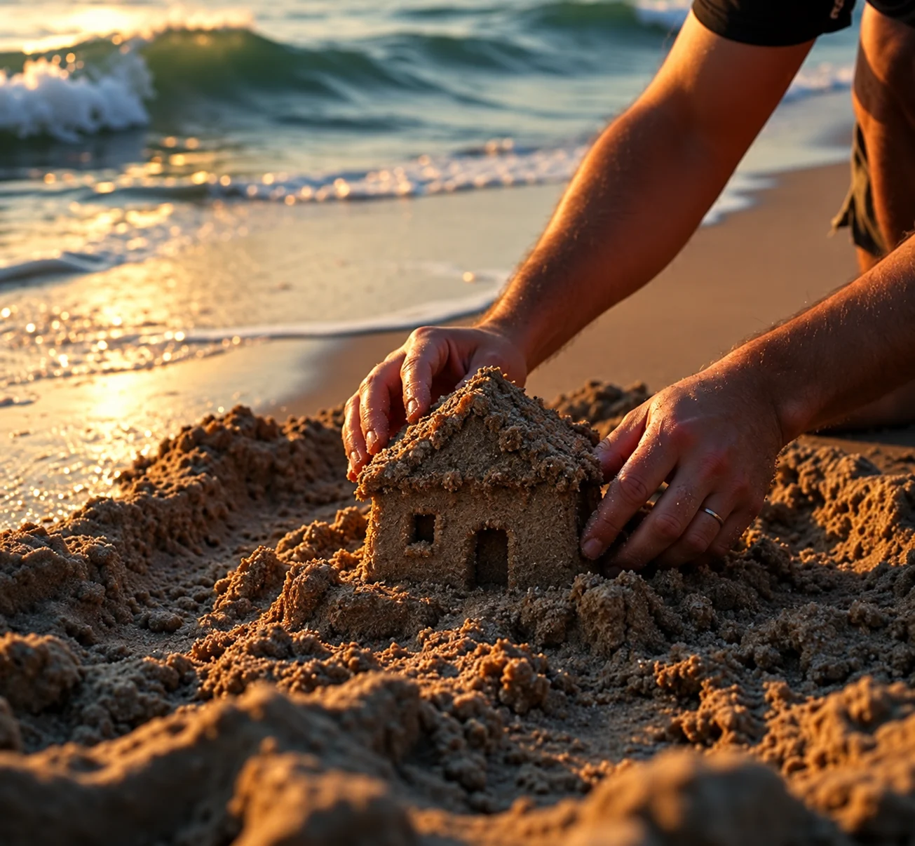 Hands building a sandcastle by the ocean