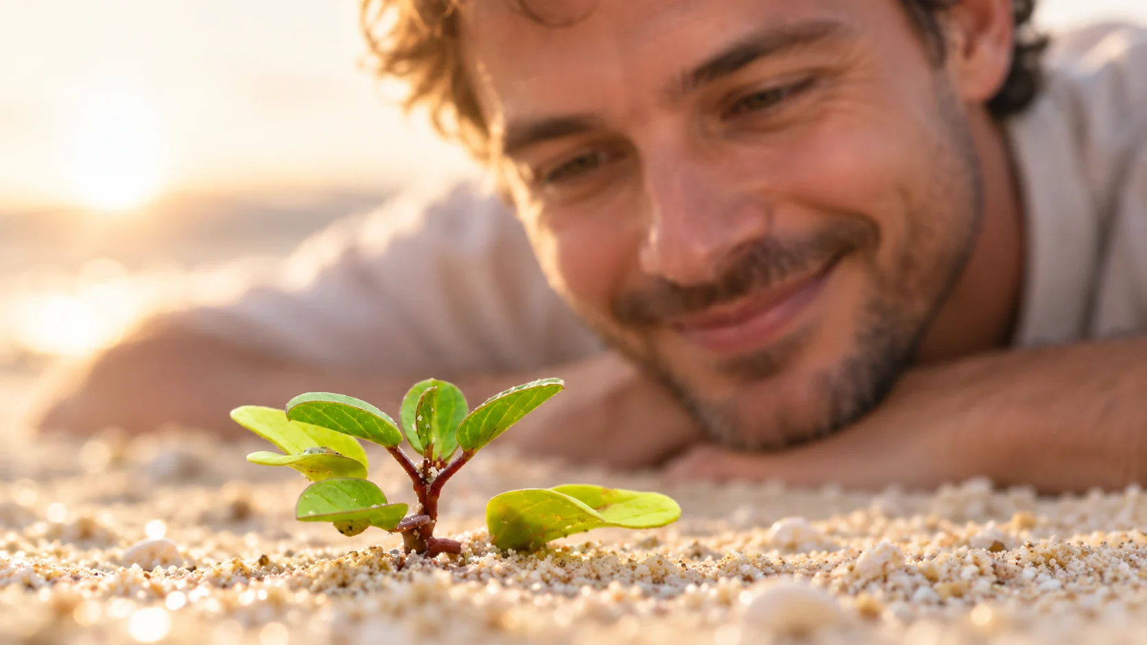 Person resting beside a growing plant on the beach