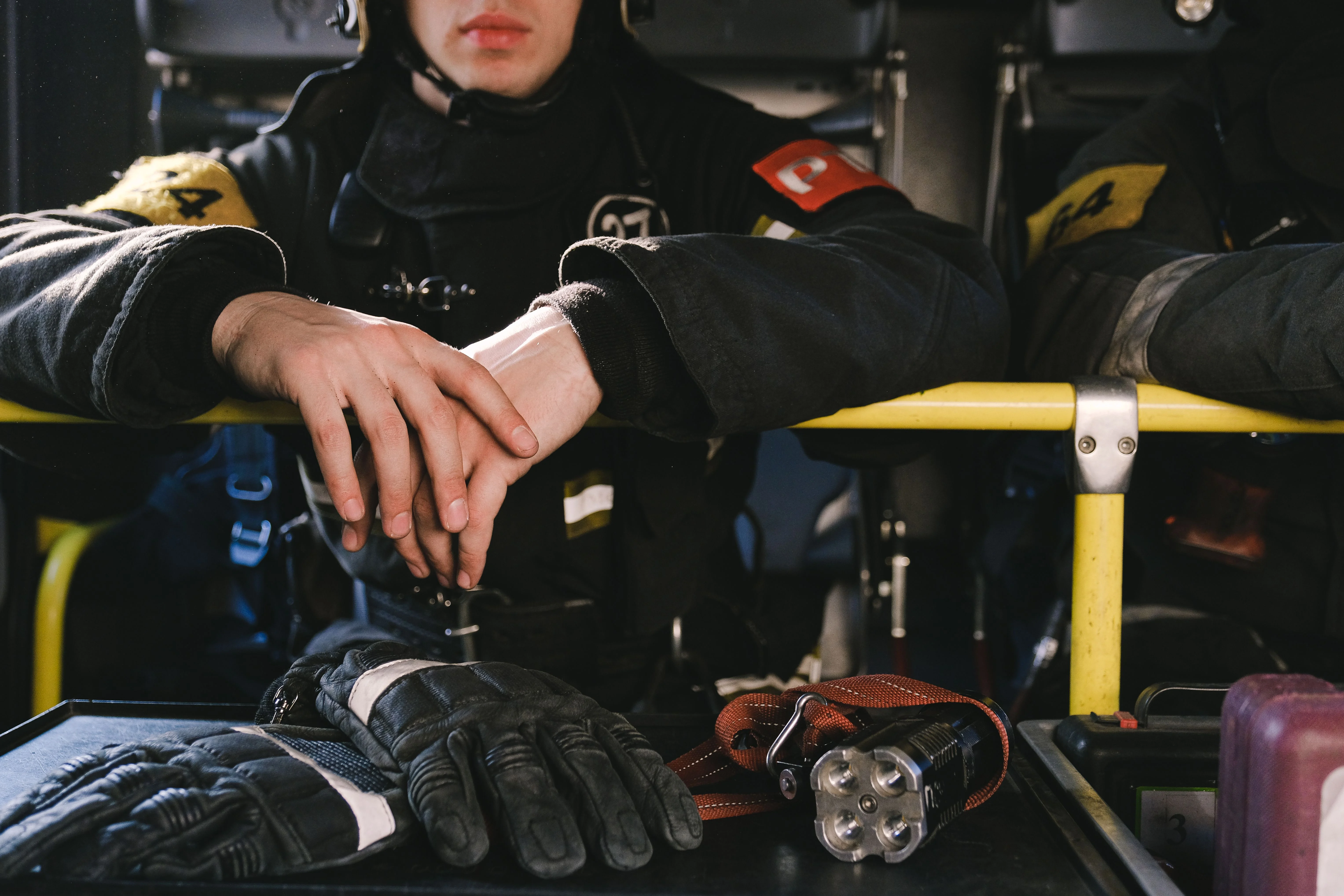 First responder seated in an ambulance