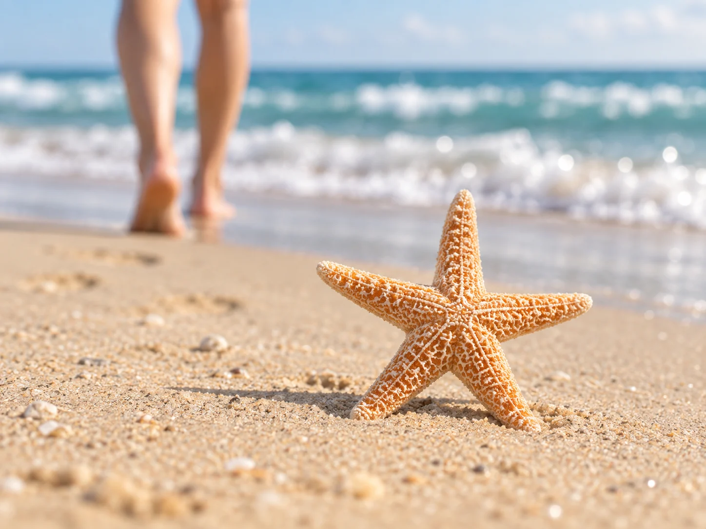 Person walking on a beach beside a starfish