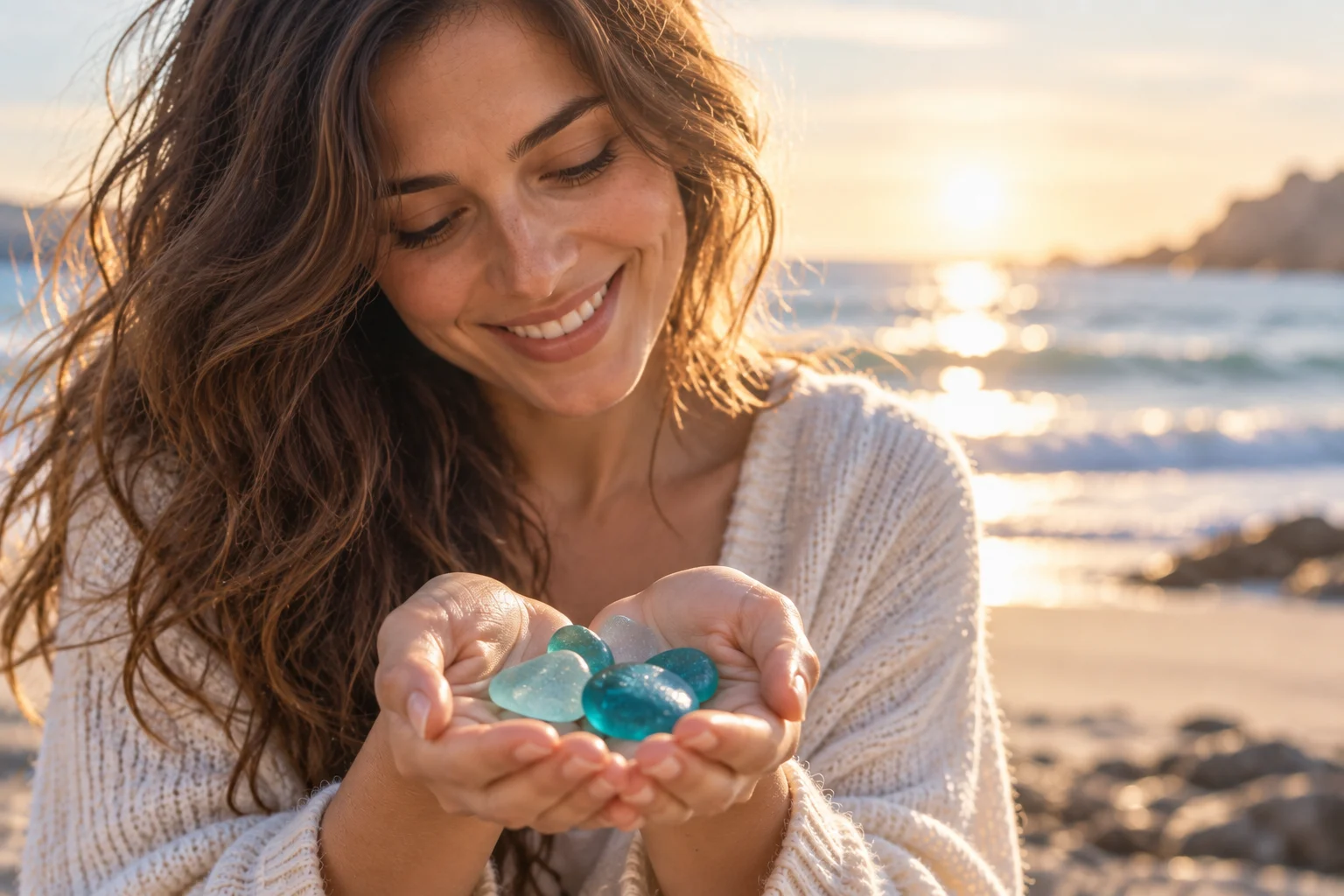 Person holding sea glass at the beach
